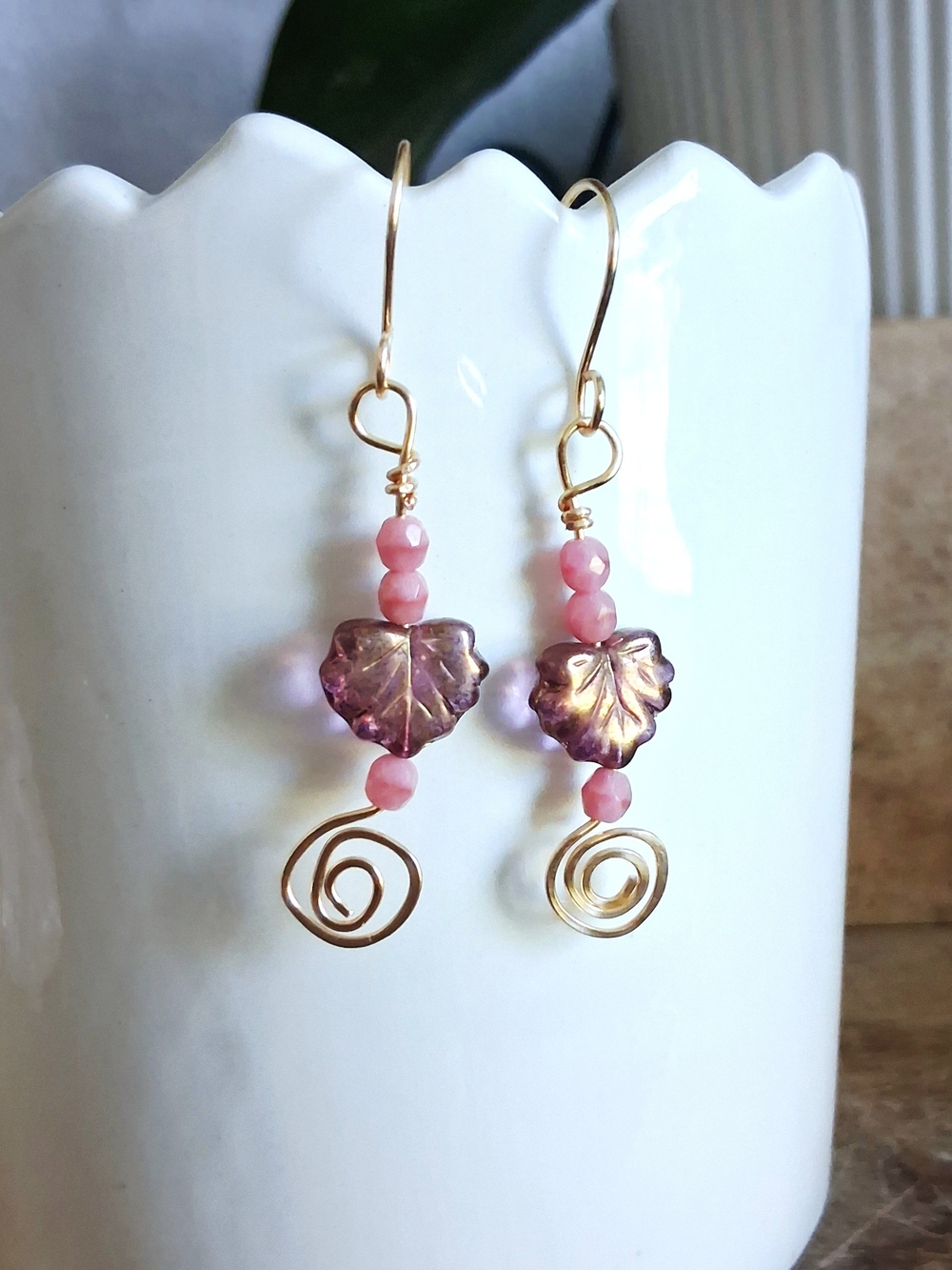 Pink Glass Leaf Drop Earrings with Gold Spiral Accents